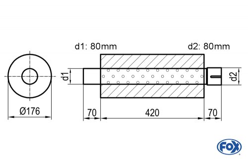 Uni-Schalldämpfer rund mit Stutzen - Abwicklung 556 (Durchm.) 176mm, d1(Durchm.) 76mm  d2(Durchm.) 76,5mm, Länge: 420mm